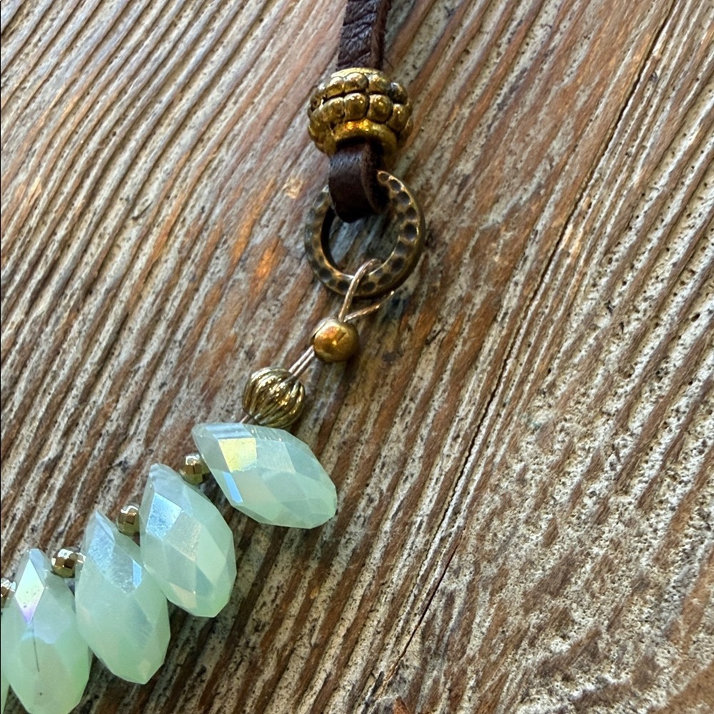 Bohemian Green Beaded Necklace with Brown Suede Cord - Picture 3 of 7